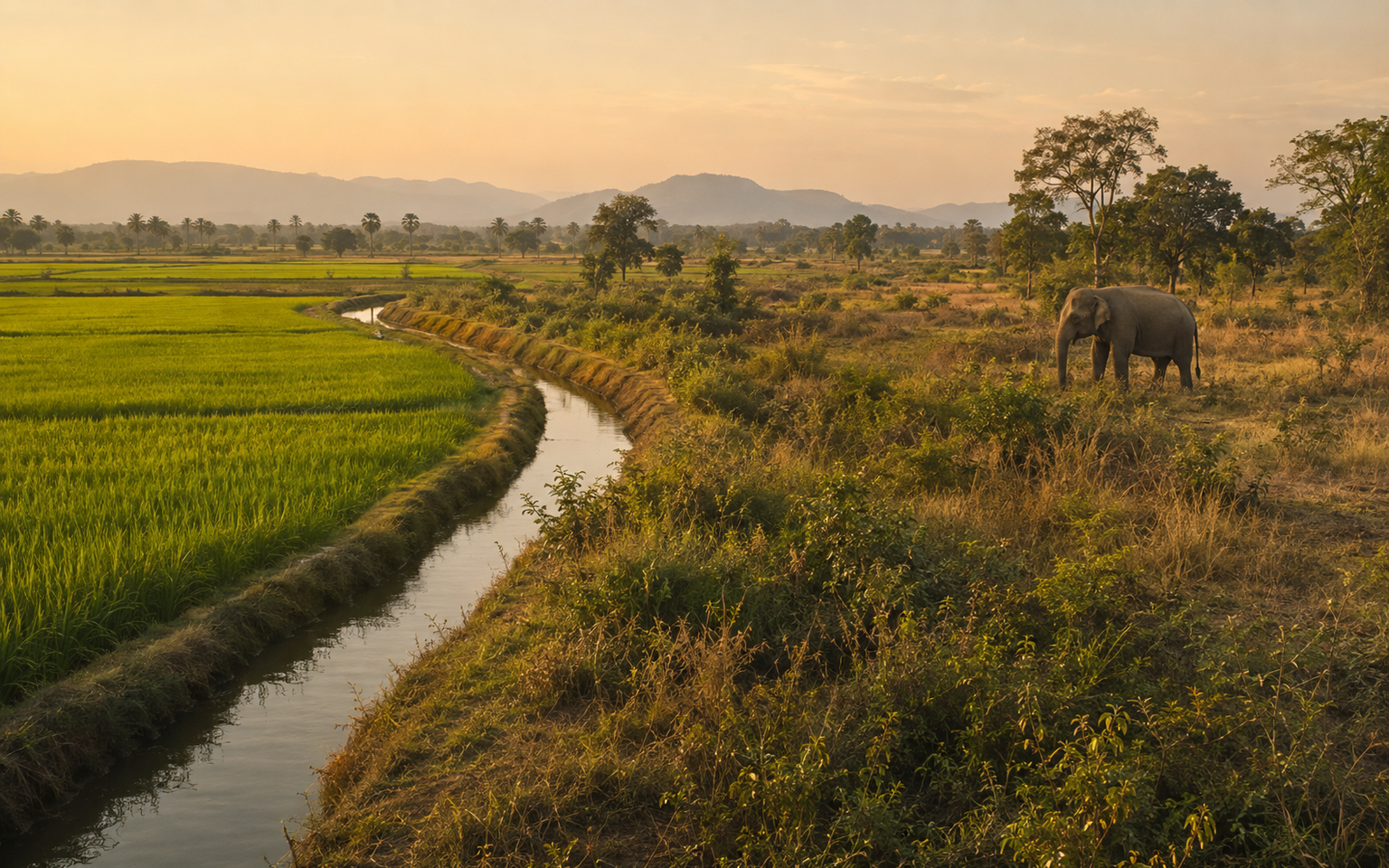 Illustrative eco-harmony landscape with elephant, paddy and water channel